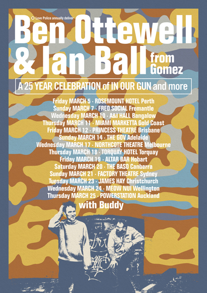 Tour poster for Ben Ottewell & Ian Ball from Gomez celebrating 25 years of In Our Gun with Australian and New Zealand concert dates.